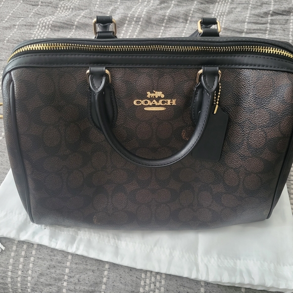 Coach Rowan, Black and Brown Signature Satchel, Large - Picture 1 of 3